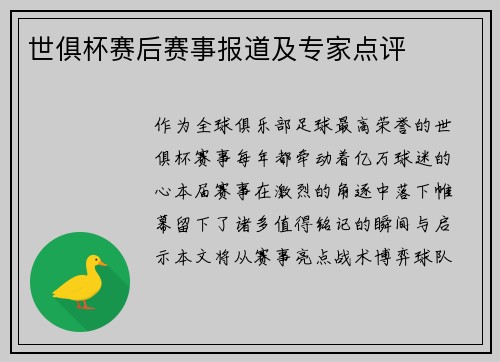世俱杯赛后赛事报道及专家点评