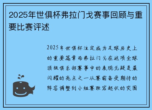 2025年世俱杯弗拉门戈赛事回顾与重要比赛评述