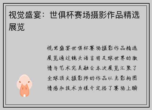 视觉盛宴：世俱杯赛场摄影作品精选展览