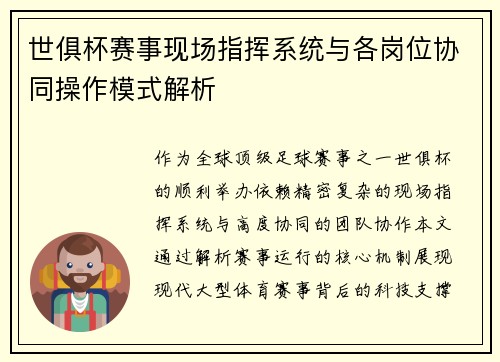世俱杯赛事现场指挥系统与各岗位协同操作模式解析